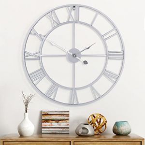 Chiffres Romains Modernes Grandes horloges murales Horloge Murale silencieuse en métal Rond sans tic-tac pour Salon, Cuisine, Chambres, horloges murales Vintage de Jardin, décor Argent 80CM (Jia Mi Home INC. FR, neuf)