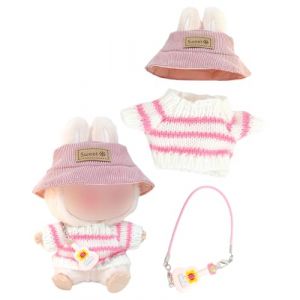 ZEXIJOW Vêtements pour poupée de 17 cm,Pull rayé blanc,Chapeau rose,Guitare décorative rose,Porte-clés en peluche,Convient aux garçons et aux filles (Poupée non incluse) (ZEXIJOW, neuf)