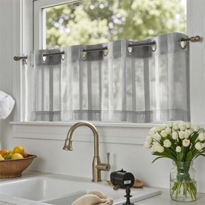 TOPICK Rideau Voilage Rideaux Cuisine Court Brise Bise, Ray&eacute;s Gris 130 x 35cm(LxH),avec Oeillet Translucide, Id&eacute;al Decoration d'Int&eacute;rieur pour Bistrot Cafe Salle &agrave; Manger Chambre Adult ​Lot de 1 (Audrey Home Fashion, neuf)