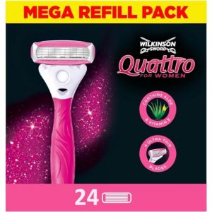 WILKINSON SWORD Quattro For Women | Smooth Glide | Lot de 24 recharges de lames de rasoir (Venture Blue, neuf)