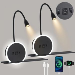 LED Liseuse de chevet 2 pièces, lampe murale avec interrupteur,Lampe de Lecture avec port de charge USB + Type C, 3W 3000K + 9W 6000K applique tete de lit, lampe de chevet pour chambre d'hôtel, noir (MAIOU TECH, neuf)