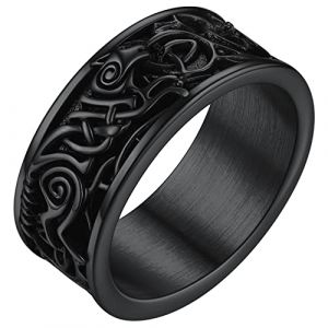 Bague Homme Loup Runique Nordique Celtique Fenrir Noire Acier Inoxydable 57 Bijoux Nordique Runique Biker pour Gar&ccedil;on (FaithHeart Jewellery, neuf)
