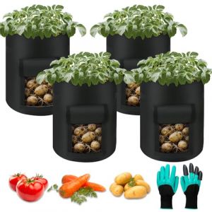 Helterfolg Sac de Culture de Pommes de Terre, Sac de Plantation avec Poign&eacute;es Sangle et Rabat d&rsquo;Acc&egrave;s, Sacs &agrave; Plantes avec Gants de Jardin pour Pommes Terre et Autres L&eacute;gumes (4 Sacs,7 Gallon) (HOLZELINE, neuf)