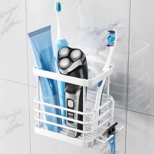 TAILI Support de Brosse à Dents à Ventouse, Tenue Max 5 KG, Support de Rasoir de Douche en Acier Inoxydable avec Crochets, Anti-flaque, sans perçage, Organiseur Amovible pour Salle de Bain, Blanc (TAILI Store, neuf)