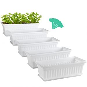 Skelang 5 Pcs Pots de Fleurs rectangulaires 42,7cm, Support pour Plante avec Plateau, jardinière de Jardinage avec étiquette, boîte de seuil de fenêtre pour Plantes Grasses, Herbes, Fleurs (Blanc) (MaryeeMall, neuf)