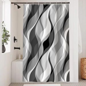 Uiiooazy Rideau Douche Anti Moisissure, Rideau de Douche Gris Clair Abstrait Rayure Noir Rayé Rideaux de Baignoire Tissu Imperméable Polyester Lavable Rideaux Salle de Bain avec 8 Crochets 120x200cm (dongguibinjingpinxiaodianpu, neuf)