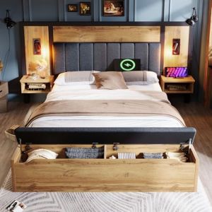 Lit 160x200 avec lampe et USB C, Lit Double 160x200 avec tête de lit et banc rangement, Lit Industriel avec sommier à lattes en métal, Cadre de lit 160x200 en bois et lin, Chêne (Sans Matelas) (OOIILLEE, neuf)