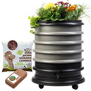 WORMbox | Lombricomposteur 4 Plateaux Gris + Jardinière + 1kg de vers de Compost + 1 Bloc Coco | 64 litres | Compostez Vos déchets organiques, lombrics/lombricompost (Ferme du Moutta, neuf)