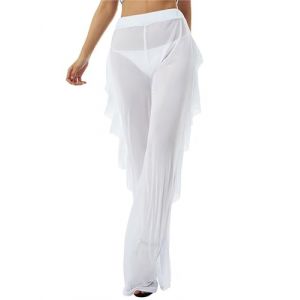 Femme Pantalon &agrave; Volant en Maille Transparente, Bas de Bikini Pantalon Large Taille Haute Jambes Larges Maillot Bain Loisirs F&ecirc;te (FR/ES, Alpha/Lettres, S, Taille Normale, Taille Normale, Blanc) (JuKunShangMao, neuf)