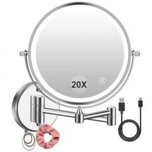Amelar Rechargeable Miroir Grossissant Lumineux Mural, 1X/20X Grossissement Miroir Grossissant Mural, 3 Couleurs de Lumière Réglables Charge USB, 360° Pivotant Extensible, pour Salles de Bain (COLOR la vie, neuf)