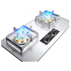 Cuisini&egrave;re &Agrave; Gaz De 75 Cm, Avec 2 Br&ucirc;leurs, Injection Directe Double Face Temporis&eacute;e &Agrave; Neuf Chambres, Support &Agrave; Casseroles En Fonte De Verre Tremp&eacute; Noir, Avec Protection Anti-extinction (Color : Silv (KCBXYB, neuf)