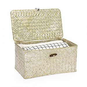 OLegei Panier de rangement en osier panier avec couvercle panier pour étagère boîte de rangement organisateur de table (31 x 18 x 15cm) blanc (SunGiRay, neuf)