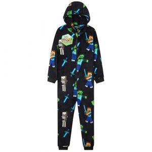 Minecraft Combinaison Polaire Gar&ccedil;on Ado, Combinaison Pyjama &agrave; Capuche, V&ecirc;tements de Nuit Enfants - Cadeau Gamer (Noir AOP, 11/12 Ans) (Get Trend., neuf)