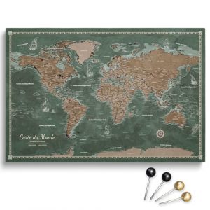 Toile personnalisable motif carte du monde en liège à épingler, parfaite pour les voyageurs et la décoration murale – tableau décoratif sur toile, 100 punaises inclus (Design 2 FR, 120x80 cm) (Pinmap, neuf)