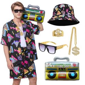 Antsparty D&eacute;guisement Ann&eacute;e 80 Homme Femme, Costume Annee 80 R&eacute;tro Manches Courtes et Shorts avec Le Chapeau Accessoires Disco, Costume Ann&eacute;es 80 Surv&ecirc;tement Carnaval Disco Soir&eacute;e (FaceLove, neuf)