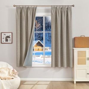 Runy&eacute;la 100% Rideau Occultant Thermiques Isolant Anti Froid, 2x120x140(LxH) Rideaux Lin Opaque avec Galon Fronceur pour Rail de Salon Chambre Masion Anti Chaleur Bruit (Runi-EU, neuf)