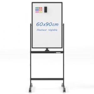 COSTWAY Tableau Blanc Magnétique Double Face, 60 x 90 cm, Tableau Blanc sur Pieds Effaçable à Sec, Hauteur Réglable sur 2 Positions, 4 Roulettes, pour École, Maison, Bureau (Noir) (FDS GmbH, neuf)