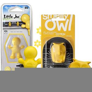 Lot de 2 désodorisants Little Joe + désodorisant Smelly Owl pour voiture à monter sur n'importe quelle grille d'aération +/- 45 jours de fraîcheur dans la voiture (vanille + citron) (CarStyling-Shop, neuf)