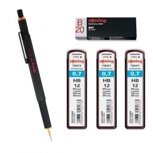 rOtring Porte-mine 800 0,7 mm 1904446 &ndash; Noir | 3 recharges de mine Tikky HB &ndash; 0,7 mm | Gomme B20 (Famica FR, neuf)