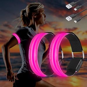 2PCS Brassard Lumineux LED Rechargeable USB, Brassard Reflechissant LED Running, Bande Clignotant Ajustable Bracelet Lumineux LED de Sécurité pour Bras/Poignet/Cheville/Jambe Course, Cyclisme(Rose) (YOUSHENG, neuf)
