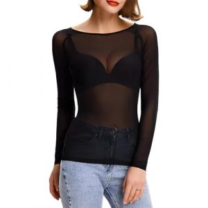 IKOPFLN 1 Pièce Sexy Top Femme Transparent En Maille Transparente Top Transparent en Maille Noir Avec Col Rond Pour Clubwear, Haut En Maille Femmes, Fêtes et Looks Quotidiens,M (IKOPFLN, neuf)