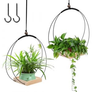 Qivine 2 Pièces Suspension Plante, Pot Suspendu Plante Interieur avec Anneau en Métal, Pot de Fleur Suspendu avec Base en Bois et Crochet, pour Balcon, Jardin, Terrasse, Fenêtre ou Porche (C) (Gartwan, neuf)