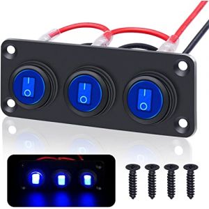 Taiss 3 Gang panneau interrupteur 12v 20A &eacute;tanche 3 broches marche/arr&ecirc;t Interrupteurs &agrave; bascule panneau Rond,avec 3 lumi&egrave;res LED bleue pour Voiture, Bateau, Yacht, Remorque KCD1-8-101NW-BU-BX (zhi-yuan, neuf)