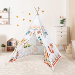Tipi Enfant avec Tiges en Pin & Stabilisateur en Bois & Motif Mignon, Tente Tipi pour Garçon et Fille, Enfant Interieur Extérieur, Tente de Jeu Chambre d'enfant Animal de Brousse (Decalsweet, neuf)
