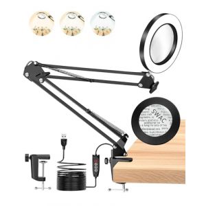 TANYO Lampe Loupe sur Pied, 10X Lampe Loupe de Bureau avec Pince, 3 Modes de Couleur et 10 Niveaux de Luminosit&eacute; Loupe Grossissante, Professionnels Loupe Eclairante pour la Lecture, Personnes &acirc;g&eacute;es (LBT Global, neuf)