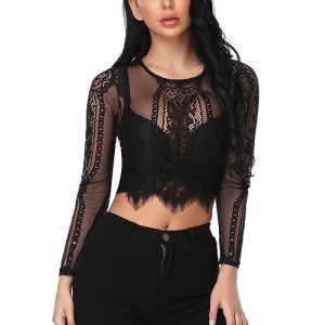 Wayleb Top Sexy Femme Dentelle Transparent Haut Tuelle Moulant Chemisier Femme Sexy T-Shirt Soir&eacute;e F&ecirc;te Clubwear Doux Chic,XXL+E-Noir (YUETAI-EU, neuf)