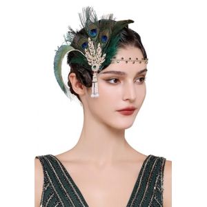 BABEYOND Bandeau à plumes pour femme style années 1920 style flipper art déco inspiré par la feuille de Gatsby le Magnifique Bandeau à cristaux clignotants Vert (BABEYOND  FR, neuf)