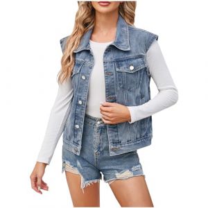 2024 Veste en Jean sans Manches pour Femme Veste en Jean sans Manche Femme Court Gilet en Jean Femme Denim avec Poches Veste sans Manche Déchiré Boutonné Manteaux Boutons Gilet en Denim Lavé Femme (GMGMY, neuf)