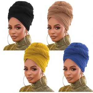Turban en jersey extensible pour cheveux urbains, couleur unie, ultra doux, extra long, respirant, bandeau pour femme (noir/camel/curcuma/bleu) (Passioneed EU, neuf)