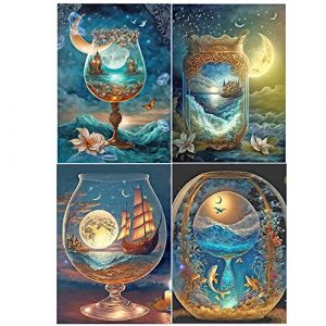 Diamond Painting Lot de 4 40x50 cm 5D Peinture au Diamant pour Adultes Bouteille en Verre &agrave; Vin Bateau &agrave; Voile Ciel &eacute;toil&eacute; Lune Poisson Mer Diamond Painting Paysage Grand Format Peinture par Num&eacute;ros (BEIMIN, neuf)