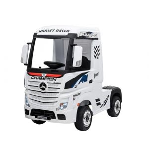 Camion &eacute;lectrique pour enfants Mercedes Actros 12 V avec licence, si&egrave;ge en cuir, t&eacute;l&eacute;commande, roues en caoutchouc, MP3, portes ouvrantes, lumi&egrave;res LED, toutes options, blanc (MiPrimerCoche, neuf)