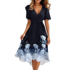 Robe Femme Chic et Elegant Mi Longue Fluide Vetement Ete Femme Boheme Ensemble Moulante Fleurie Manche Courte Chambre Printemps Robes de Plage Bal Soiree Invit&eacute;e Mariage D'&eacute;t&eacute;(I Black,XX-Large) (QU-XINYU, neuf)