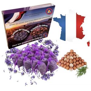 Lot de 36 pièces. (12 sachets de Lavande de Provence+24 Boules en Bois de cèdre)-Anti Mites Textiles-Antimites vêtements Armoire-Piège à Mites des vêtements-Protection-Anti mite-Produit Anti Mites (Multicouleur, neuf)