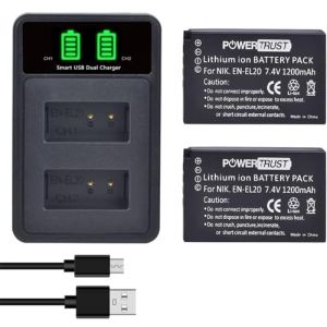 PowerTrust Lot de 2 batteries EN-EL20 EN-EL20a avec chargeur pour Nikon EN EL20, Coolpix A 1 AW1, 1 J1, 1 J2, 1 J3, 1 S1, 1 V3 1200 mAh (XintecUK, neuf)