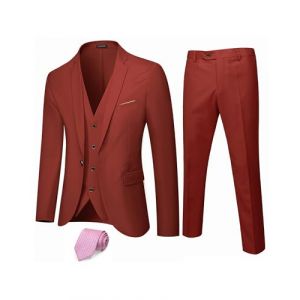 Hihawk Costume 3 pièces pour Homme avec Tissu Extensible, Coupe ajustée, Ensemble Blazer à Un Bouton, Veste, Gilet et Pantalon avec Cravate, Rouge Brique, Taille M (aichifan, neuf)