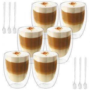 Tasse à Café Double Paroi, Lot de 6 350 ml, Verre à Double Paroi pour Café Latte, Tasse en Verre Transparente, Verre à Café avec 6 Cuillère, Tasses à Latte Macchiato en Verre, pour Cafetière/Bière/Jus (Fotalent Store, neuf)