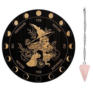 AHANDMAKER Planche à Pendule Chat Sorcière, 7.8'' Tableau de Métaphysique de Radiesthésie Tableau Sculpté en Bois avec Collier de Pendule en Cristal Divination pour Kit de Fournitures D'Autel Wiccan (AHANDMAKER EU, neuf)
