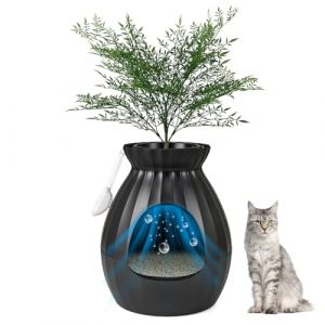 COSTWAY Bac Litiere pour Chat XXL avec D&eacute;sodorisation Ionique, Grande Caisse Chat Litiere 63L avec Plante Artificielle Verte, Galets, Rideau, Pelle &agrave; Liti&egrave;re, Maison de Toilette pour Chaton (Noir) (FDS GmbH, neuf)