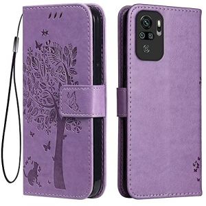 Topme &Eacute;tui en Cuir pour Redmi Note 10S / Redmi Note 10 (4G) / POCO M5s (6.43" inches), [ Coque Housse de T&eacute;l&eacute;phone Style Motif Chat Et Arbre] - Violet Clair (topme, neuf)