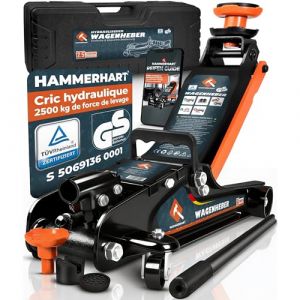 Cric hydraulique 2,5 t | Cric homologu&eacute; T&Uuml;V avec Une Hauteur de Levage de 85 &agrave; 384 mm | Cric Professionnel avec 2 Patins en Caoutchouc, roulettes pivotantes &agrave; 360&deg;, poign&eacute;e en T et Coffret (Hammerhart, neuf)
