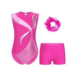 Oyolan Enfant Fille Justaucorps Gymnastique Strass avec Short Danse Gym Patinage Costume Spectacle Entraînement 5-16 Ans C Rose vif 11-12 ans (Oyolan EU, neuf)