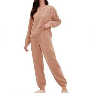 Ensemble de pyjama en polaire pour femme - Pyjama chaud en flanelle pour femme - Pyjama d'hiver moelleux et chaud &agrave; manches longues - 2 pi&egrave;ces - Sans capuche - V&ecirc;tement de nuit d&eacute;contract&eacute; &agrave; col rond (linfumanli, neuf)