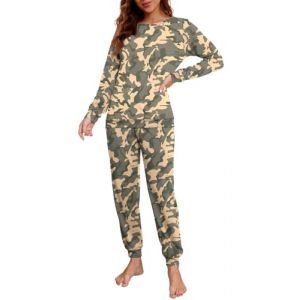 PrinStory Ensemble de pyjama &agrave; manches longues pour femme avec poches - Haut et pantalon de nuit doux - Ensembles de pyjama pour femme, Vert militaire Camouflage, L (prinstoryuk, neuf)