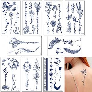 Qpout 9Feuilles Tatouages semi-permanents pour femmes filles Tatouages temporaires réalistes Art corporel Tatouage Autocollants Bleu foncé imperméable faux tatouages longue durée de 2 semaines (Mopyt, neuf)