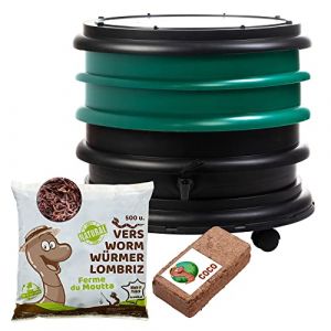 WORMbox | Lombricomposteur 2 Plateaux Vert Foncé + 250gr de vers de Compost + 1 Bloc Coco | 32 litres | Compostez Vos déchets organiques, Les vers de Terre/lombrics produisent du lombricompost (Ferme du Moutta, neuf)