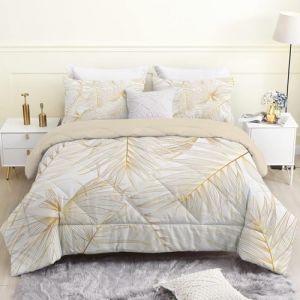 Linfye Couette 140x200 Enfant, Dor&eacute;es Feuilles Palmier Imprim&eacute;e Duvet 1 Personne L&eacute;g&egrave;re Chaude 4 Saisons, Plantes Tropicales Douce R&eacute;versible Edredon et 2 Taies d'Oreiller 65x65 cm (Linfye Maison Confortable, neuf)